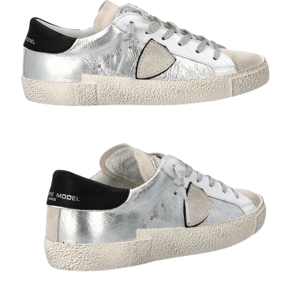 Philippe Model Paris Prsx Low Top Metallic Silver Leather Women's Sneaker Size 8